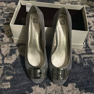 Gray suede with buckle accent heels